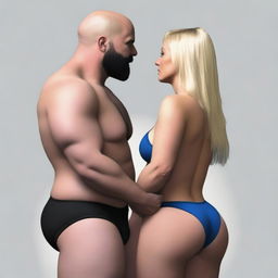 A realistic image of a bald man with a blonde beard dressed in black, holding hands with a woman with long black hair and large buttocks, wearing blue underwear