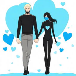 A tall blonde man with a short beard and very short hair, wearing black clothes, holding hands with a woman who has large buttocks and long black hair