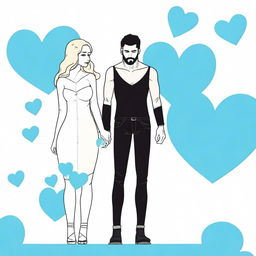 A tall blonde man with a short beard and very short hair, wearing black clothes, holding hands with a woman who has large buttocks and long black hair