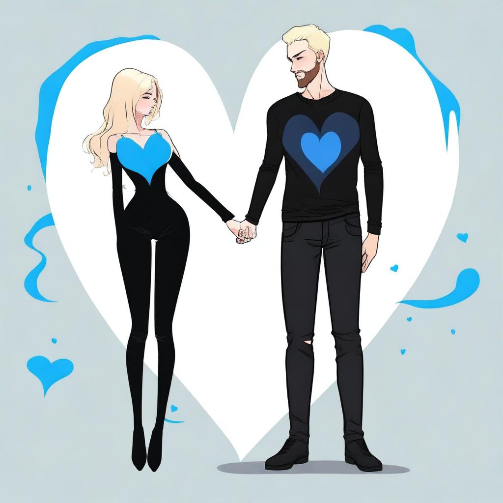 A tall blonde man with a short beard and very short hair, wearing black clothes, holding hands with a woman who has large buttocks and long black hair