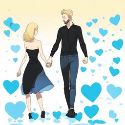 A tall blonde man with a short beard and very short hair, wearing black clothes, holding hands with a woman who has large buttocks and long black hair