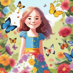 A detailed illustration of a young girl with a cheerful expression, wearing a colorful dress and standing in a vibrant, sunny garden filled with flowers and butterflies