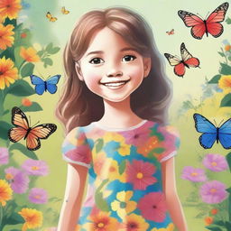 A detailed illustration of a young girl with a cheerful expression, wearing a colorful dress and standing in a vibrant, sunny garden filled with flowers and butterflies