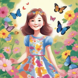 A detailed illustration of a young girl with a cheerful expression, wearing a colorful dress and standing in a vibrant, sunny garden filled with flowers and butterflies