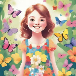 A detailed illustration of a young girl with a cheerful expression, wearing a colorful dress and standing in a vibrant, sunny garden filled with flowers and butterflies