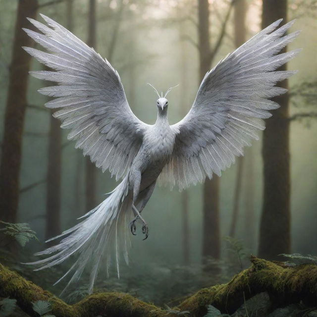 An imaginative depiction of an unknown animal with gleaming scales, feathery wings and elongated, graceful limbs, set against a dreamlike forest backdrop.