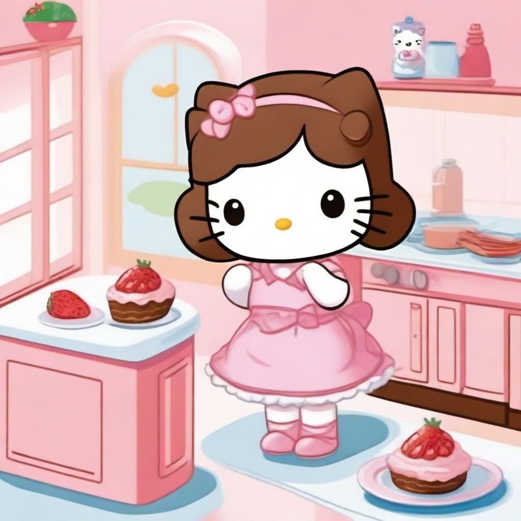 A delightful image of Hello Kitty wearing a pink dress and sporting brown hair, happily cooking a strawberry cake in a cute kitchen setting