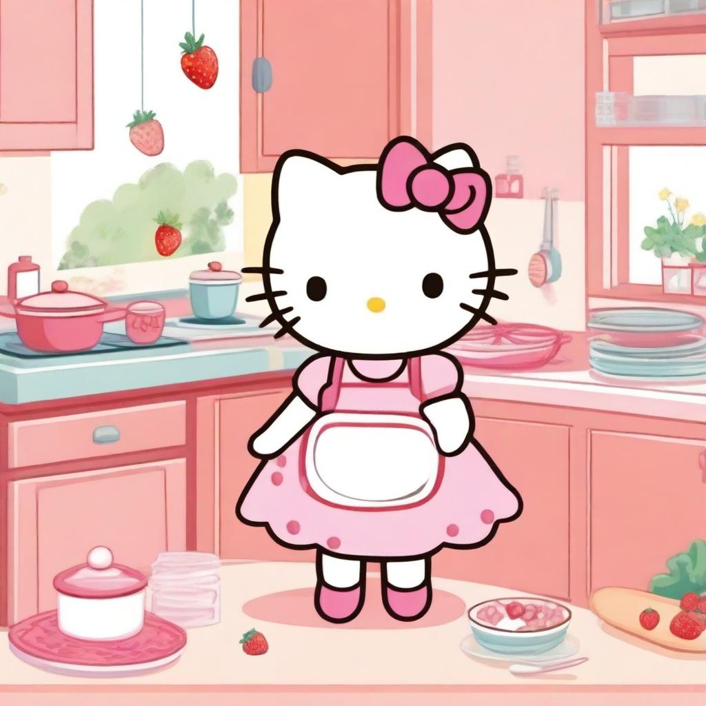 A delightful image of Hello Kitty wearing a pink dress and sporting brown hair, happily cooking a strawberry cake in a cute kitchen setting