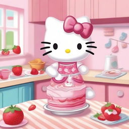 A delightful image of Hello Kitty wearing a pink dress and sporting brown hair, happily cooking a strawberry cake in a cute kitchen setting