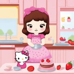 A delightful image of Hello Kitty wearing a pink dress and sporting brown hair, happily cooking a strawberry cake in a cute kitchen setting