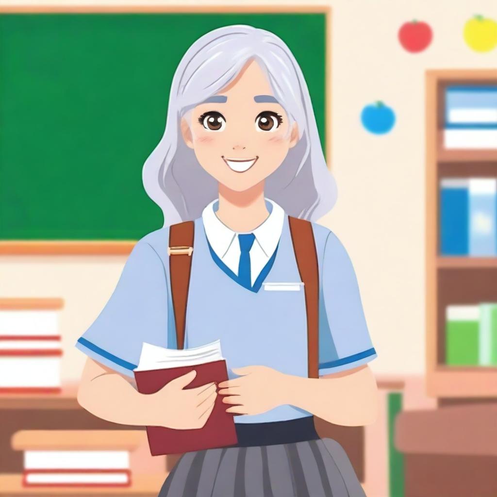 A gray-haired student girl wearing a school uniform, standing in a classroom with books and a chalkboard in the background