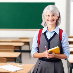 A gray-haired student girl wearing a school uniform, standing in a classroom with books and a chalkboard in the background