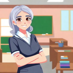 A gray-haired student girl wearing a school uniform, standing in a classroom with books and a chalkboard in the background