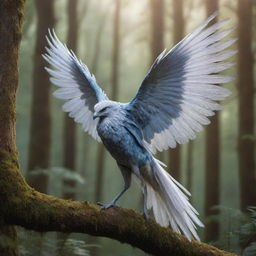 An imaginative depiction of an unknown animal with gleaming scales, feathery wings and elongated, graceful limbs, set against a dreamlike forest backdrop.