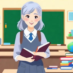 A gray-haired student girl wearing a school uniform, standing in a classroom with books and a chalkboard in the background