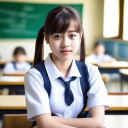 A young woman in a school uniform, posed in a suggestive manner