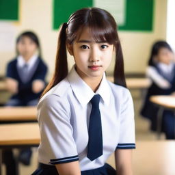 A young woman in a school uniform, posed in a suggestive manner