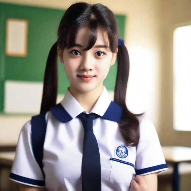 A young woman in a school uniform, posed in a suggestive manner