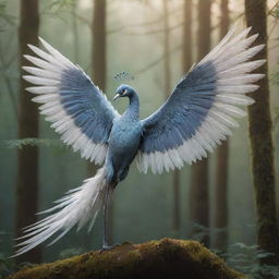 An imaginative depiction of an unknown animal with gleaming scales, feathery wings and elongated, graceful limbs, set against a dreamlike forest backdrop.