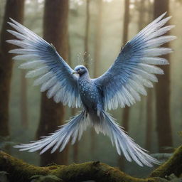 An imaginative depiction of an unknown animal with gleaming scales, feathery wings and elongated, graceful limbs, set against a dreamlike forest backdrop.