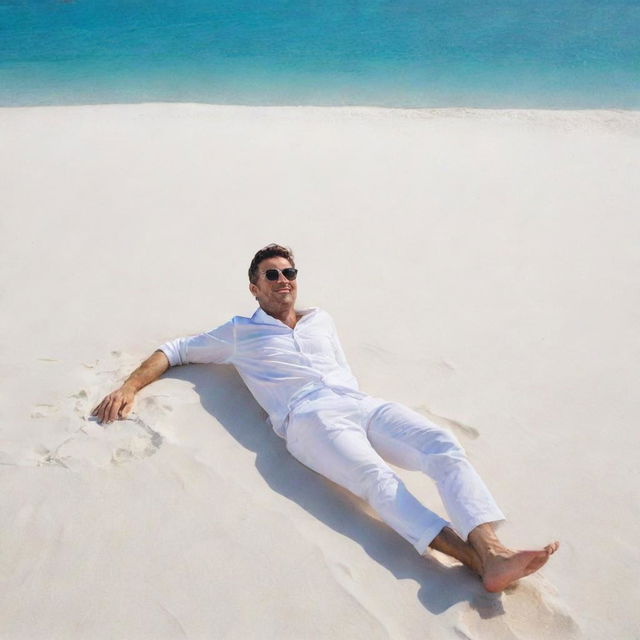 A stylish French man relaxing on a sunny beach, surrounded by white sands and clear blue sea.