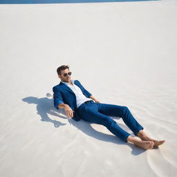 A stylish French man relaxing on a sunny beach, surrounded by white sands and clear blue sea.