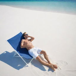 A stylish French man relaxing on a sunny beach, surrounded by white sands and clear blue sea.