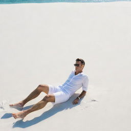 A stylish French man relaxing on a sunny beach, surrounded by white sands and clear blue sea.