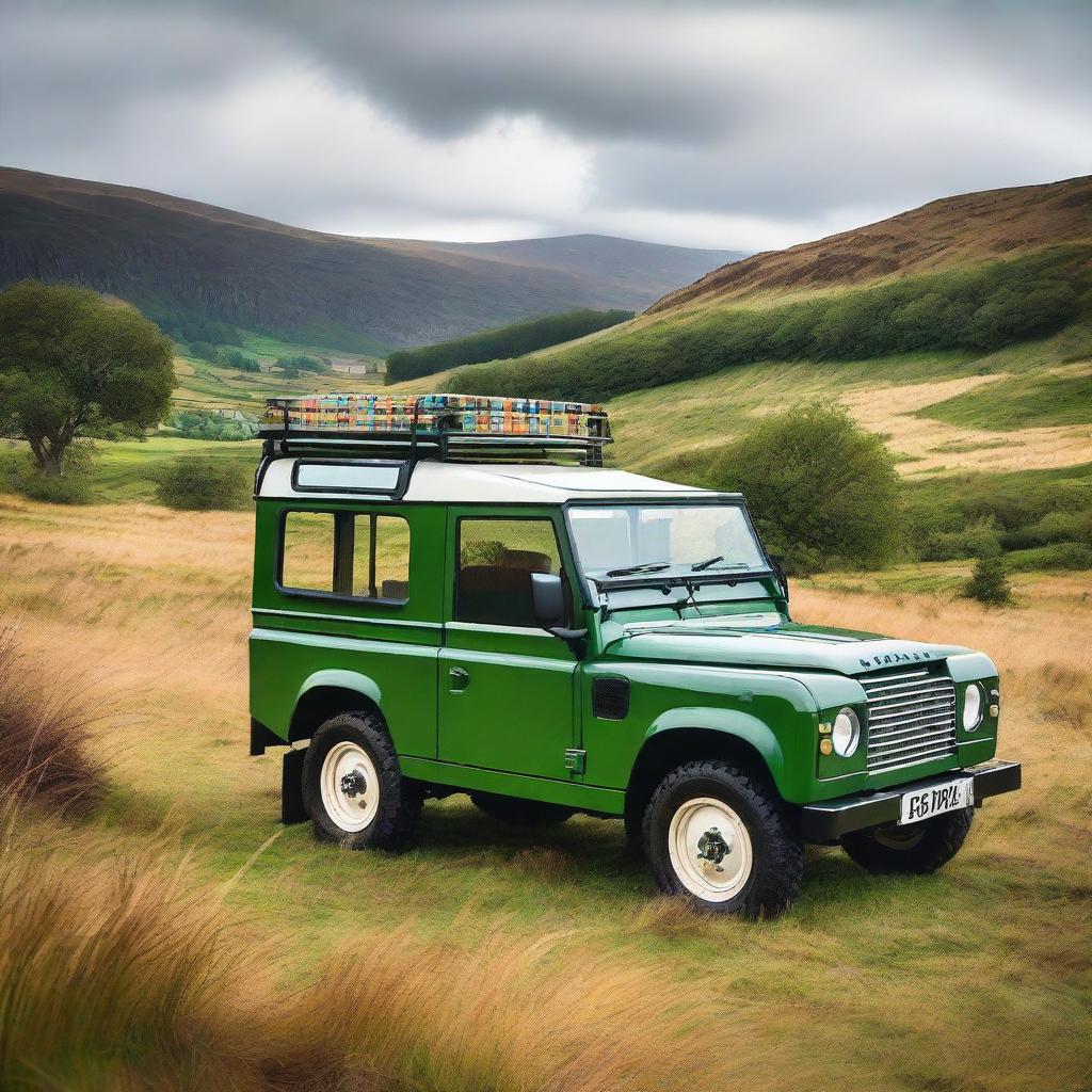 A Land Rover covered with plaid parked in the Scottish Highlands