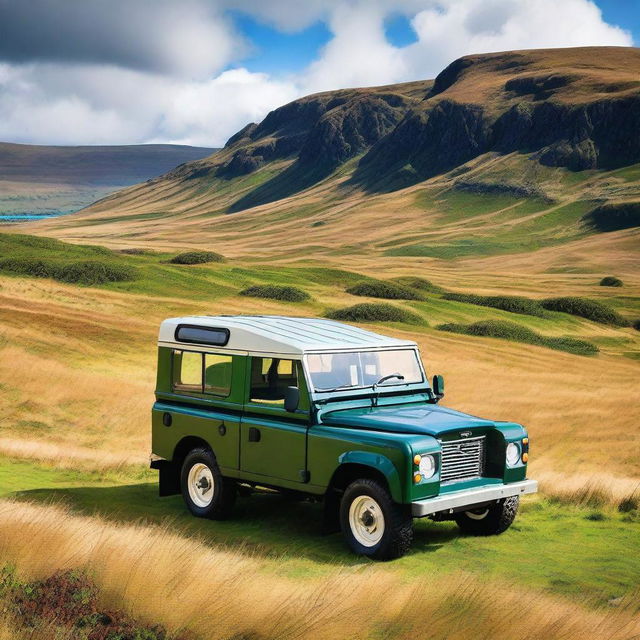 A Land Rover covered with plaid parked in the Scottish Highlands