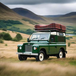 A Land Rover covered with plaid parked in the Scottish Highlands