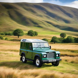 A Land Rover covered with plaid parked in the Scottish Highlands