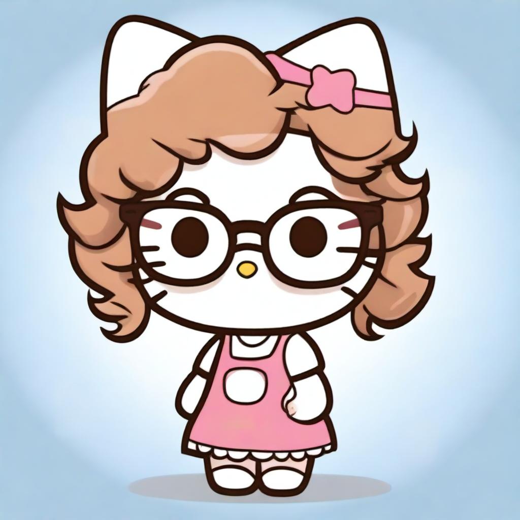 A cute Hello Kitty character wearing clear framed glasses, with curly brown hair that has blonde tips