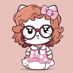 A cute Hello Kitty character wearing clear framed glasses, with curly brown hair that has blonde tips