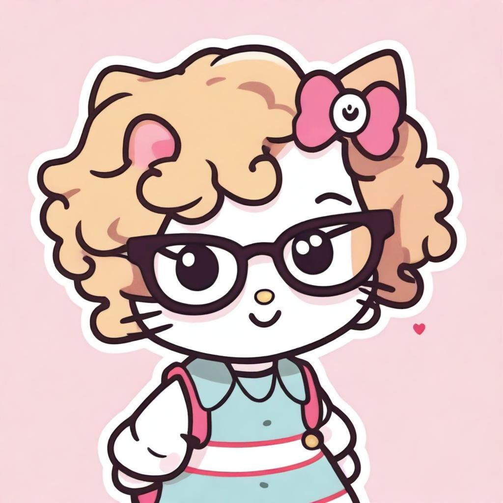 A cute Hello Kitty character wearing clear framed glasses, with curly brown hair that has blonde tips