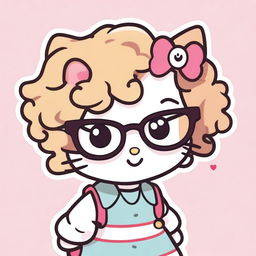 A cute Hello Kitty character wearing clear framed glasses, with curly brown hair that has blonde tips