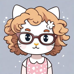 A cute Hello Kitty character wearing clear framed glasses, with curly brown hair that has blonde tips