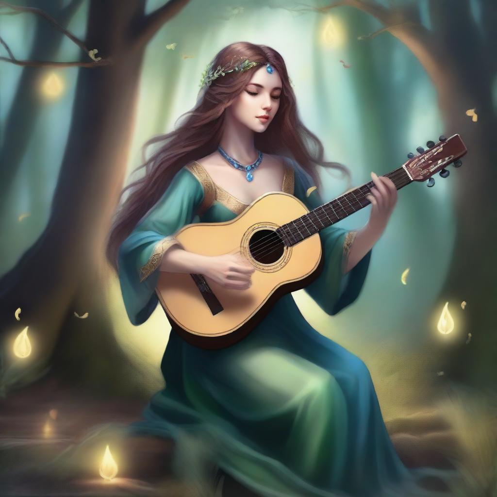 A female changeling bard is depicted in a fantasy setting, playing a lute with an enchanting expression