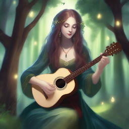 A female changeling bard is depicted in a fantasy setting, playing a lute with an enchanting expression