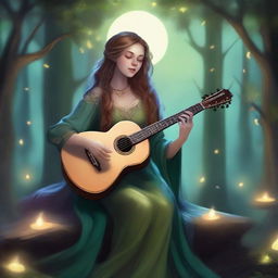 A female changeling bard is depicted in a fantasy setting, playing a lute with an enchanting expression