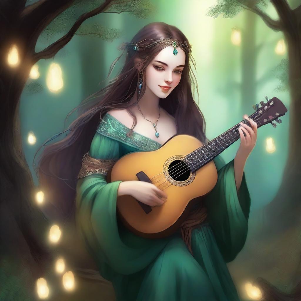 A female changeling bard is depicted in a fantasy setting, playing a lute with an enchanting expression