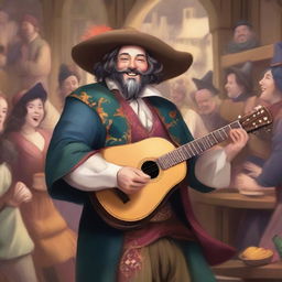 A detailed illustration of a bard character, playing a lute with a joyful expression