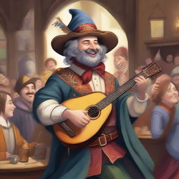 A detailed illustration of a bard character, playing a lute with a joyful expression