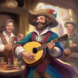 A detailed illustration of a bard character, playing a lute with a joyful expression