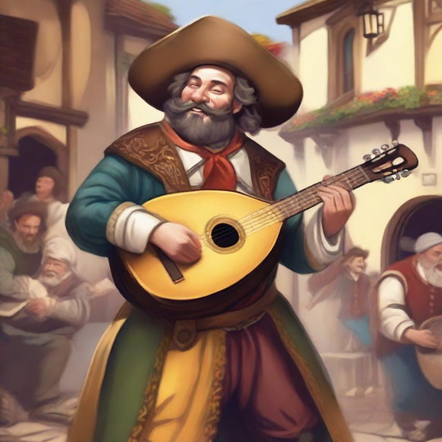 A detailed illustration of a bard character, playing a lute with a joyful expression