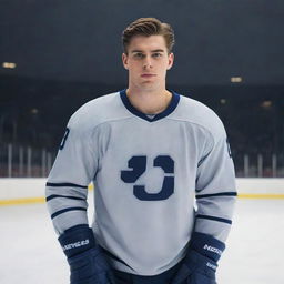 A professional, stylish, and detailed portrait of Jack Hughes, an acclaimed hockey player, on the ice rink with his hockey gear.