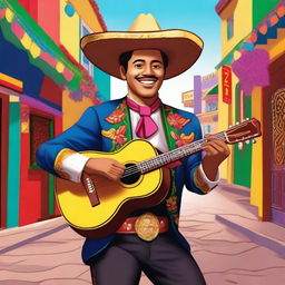 A human bard dressed in traditional mariachi attire, playing a guitar with a joyful expression