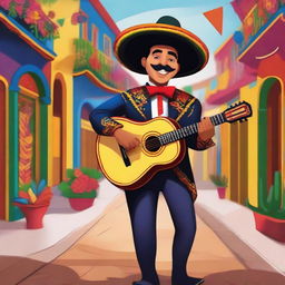 A human bard dressed in traditional mariachi attire, playing a guitar with a joyful expression