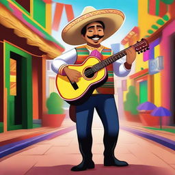 A human bard dressed in traditional mariachi attire, playing a guitar with a joyful expression