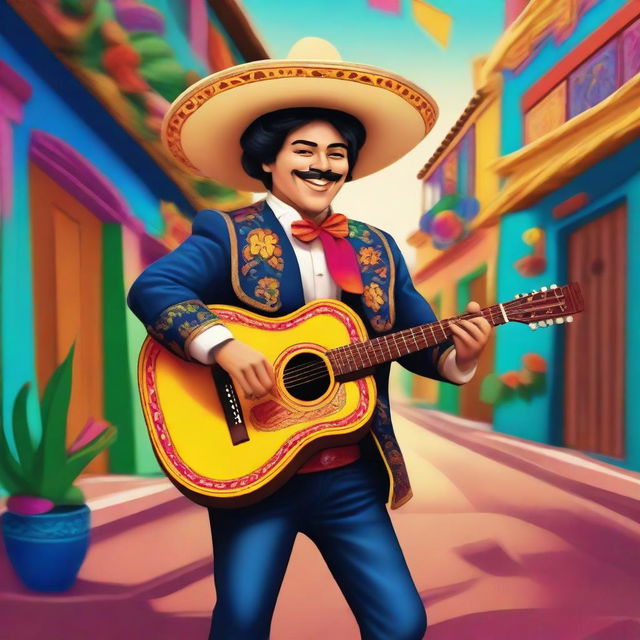 A human bard dressed in traditional mariachi attire, playing a guitar with a joyful expression